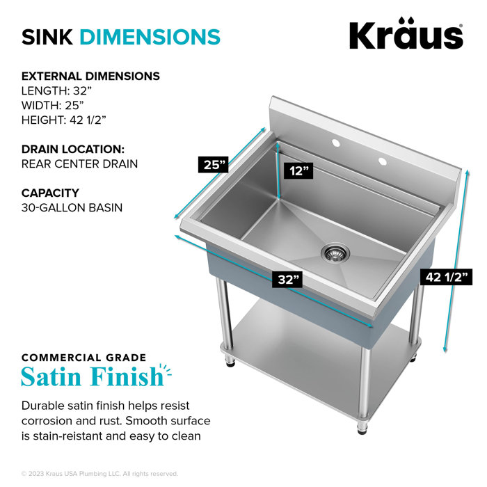 KRAUS Kore 18Gauge Workstation Stainless Steel Single Bowl Commercial Utility Laundry Sink for
